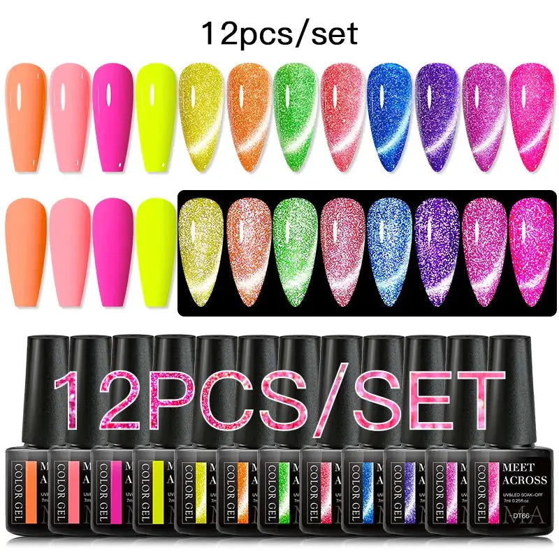 MEET ACROSS gel nail polish 12pcs set by Simples Market; pink glitter and neon color shades shown with bottle swatches