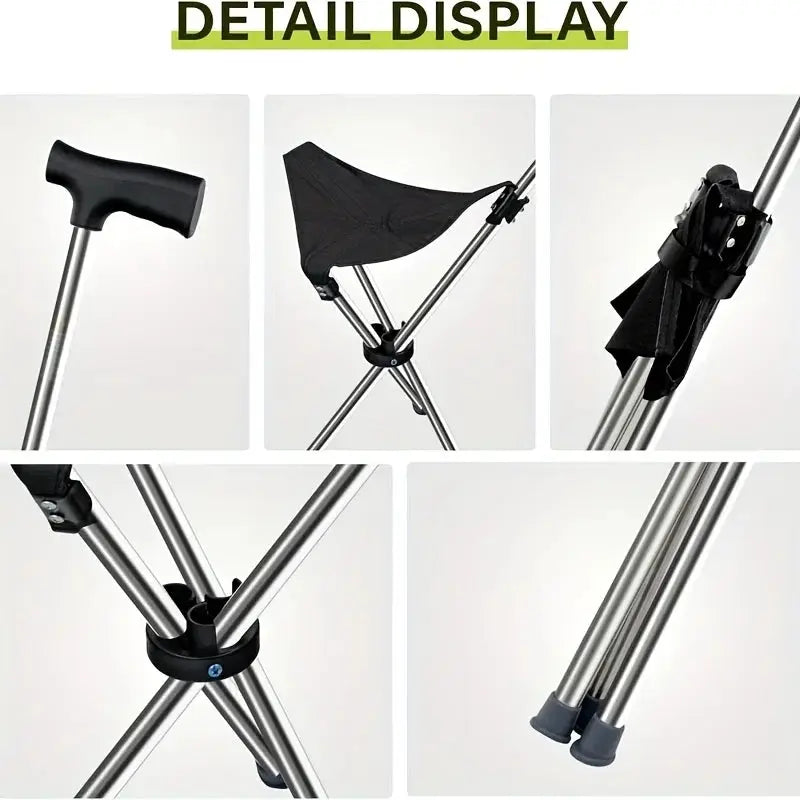 2-in-1 folding cane and chair by Simples Market; foldable travel hiking chair with silver frame and black fabric seat