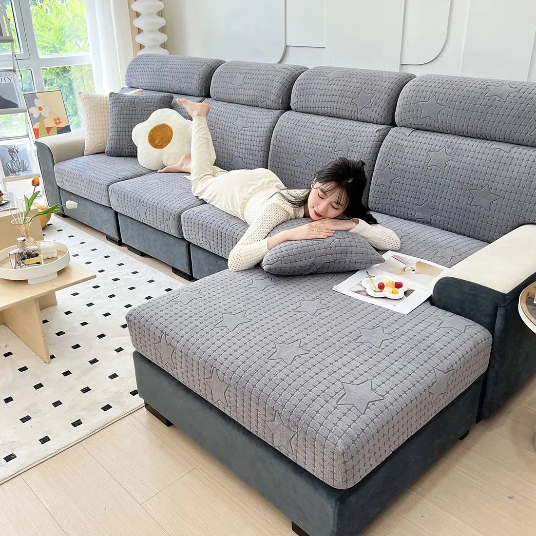 Sofa seat cushion cover set in grey jacquard, thick stretch fabric; removable and washable; Simples Market
