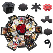 DIY explosion photo album gift box kit in black with red rose centerpiece and photo tiles