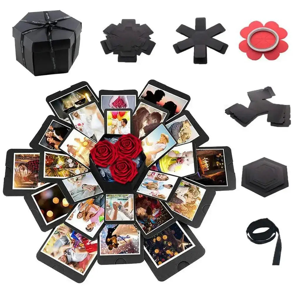 DIY explosion photo album gift box kit in black with red rose centerpiece and photo tiles