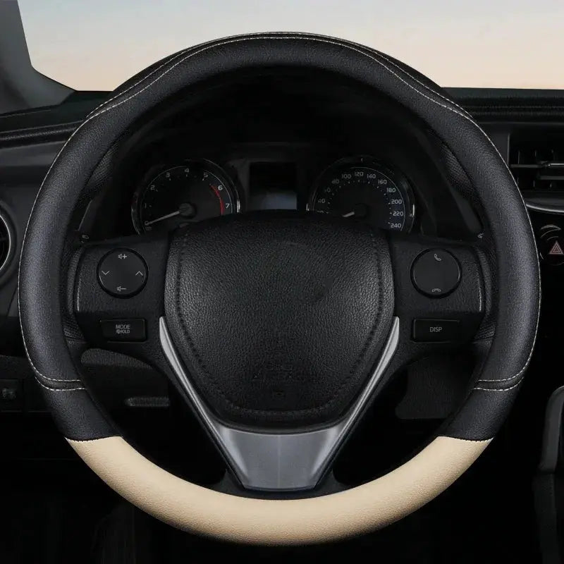 Steering wheel cover, black and beige PU leather with anti-slip grip, universal fit