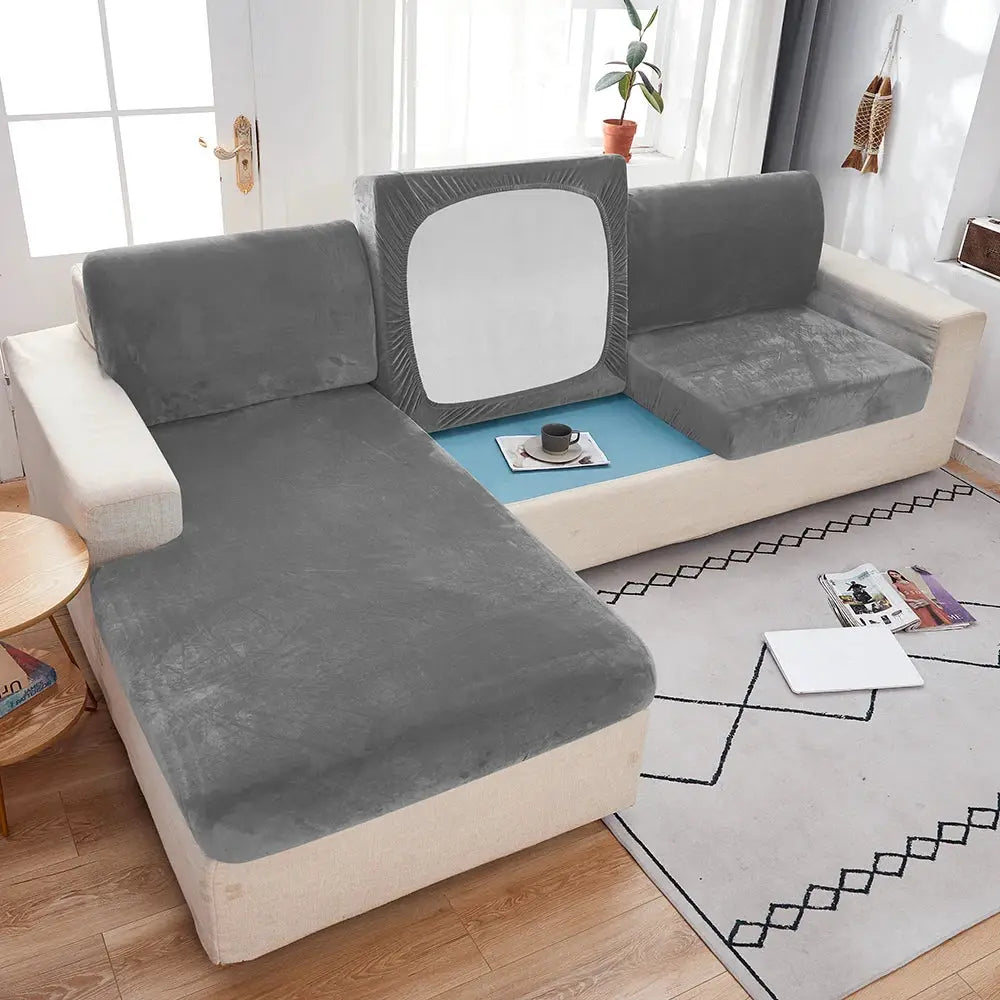 1pc Plush Sofa Slipcover by Simples Market in gray, anti-slip elastic cover for beige sectional sofa