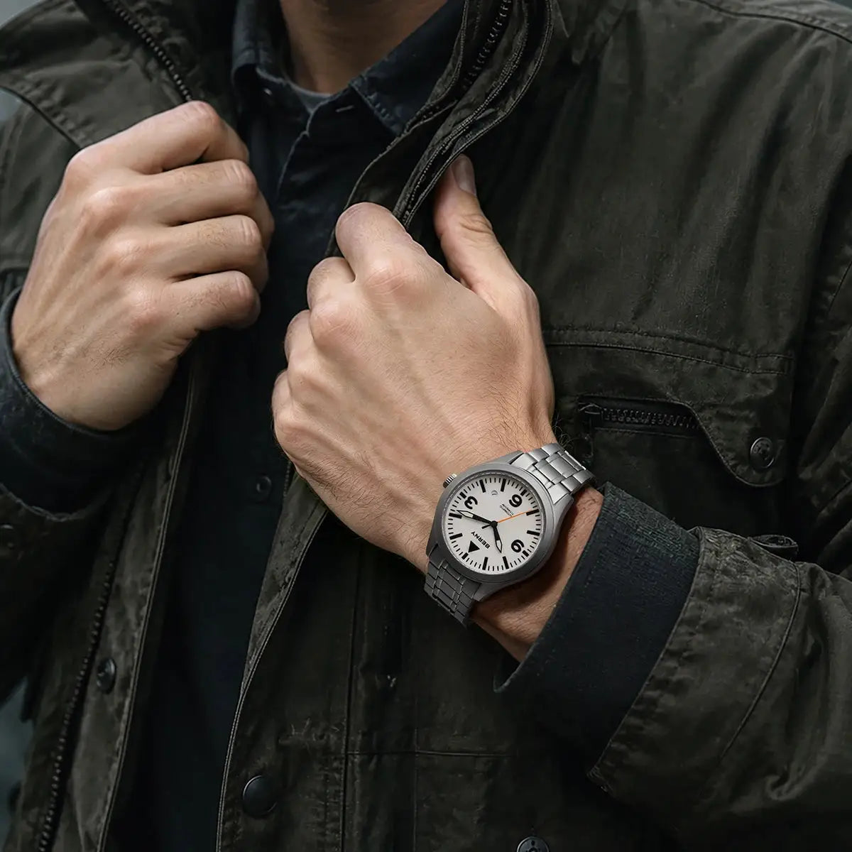 BERNY aviation titanium men's watch with white dial and metal bracelet