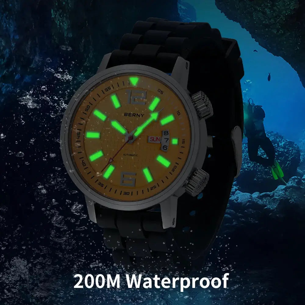 BERNY diver watch with tan dial and green luminous markers; 200m water resistant