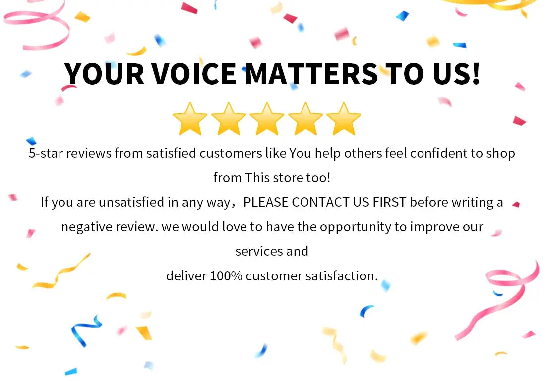 Celebration banner with confetti, five gold stars, and the message Your Voice Matters to Us about 5-star reviews.