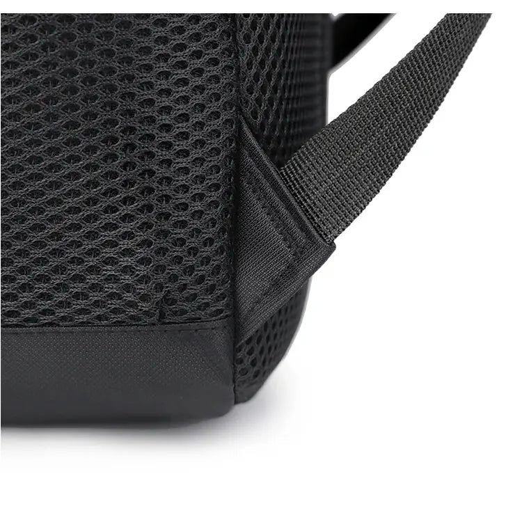 Travel backpack with large capacity, black with mesh back panel and padded shoulder strap