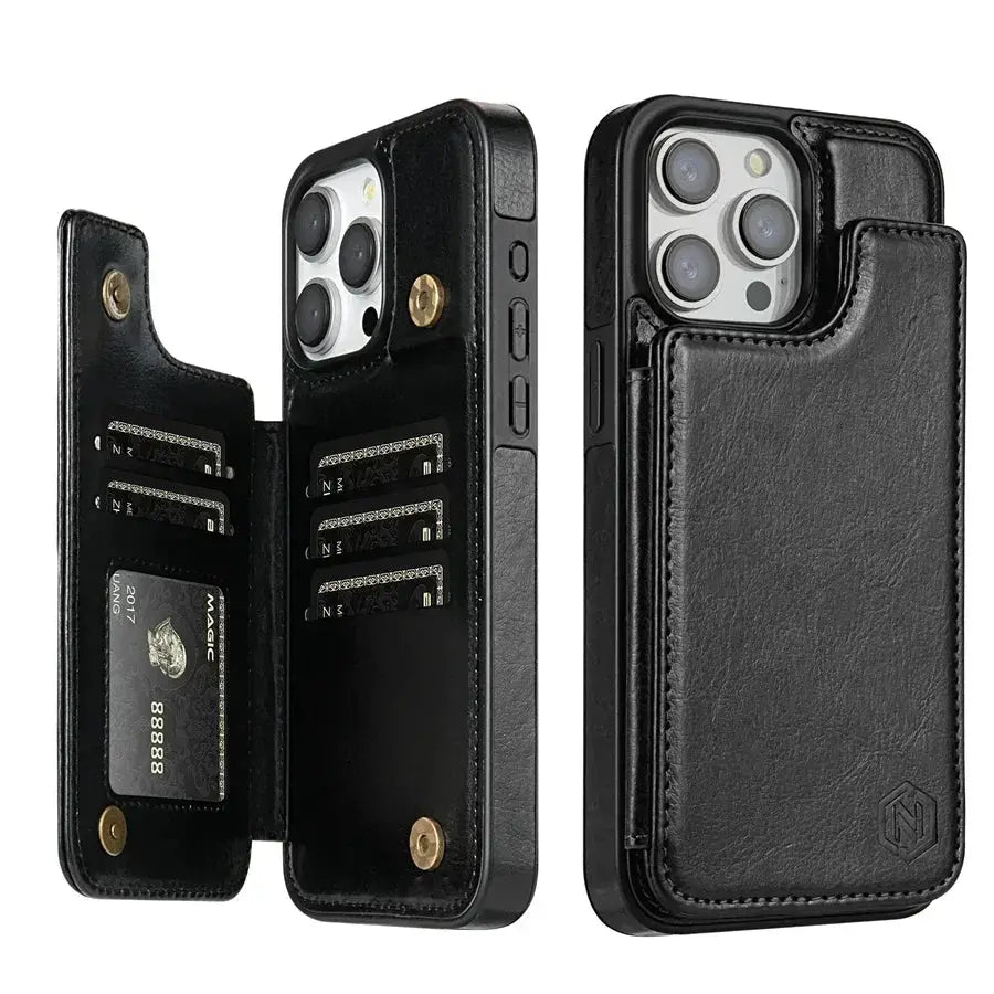 Wallet case by Simples Market, black leather with RFID blocking, magnetic closure, and card slots for iPhone