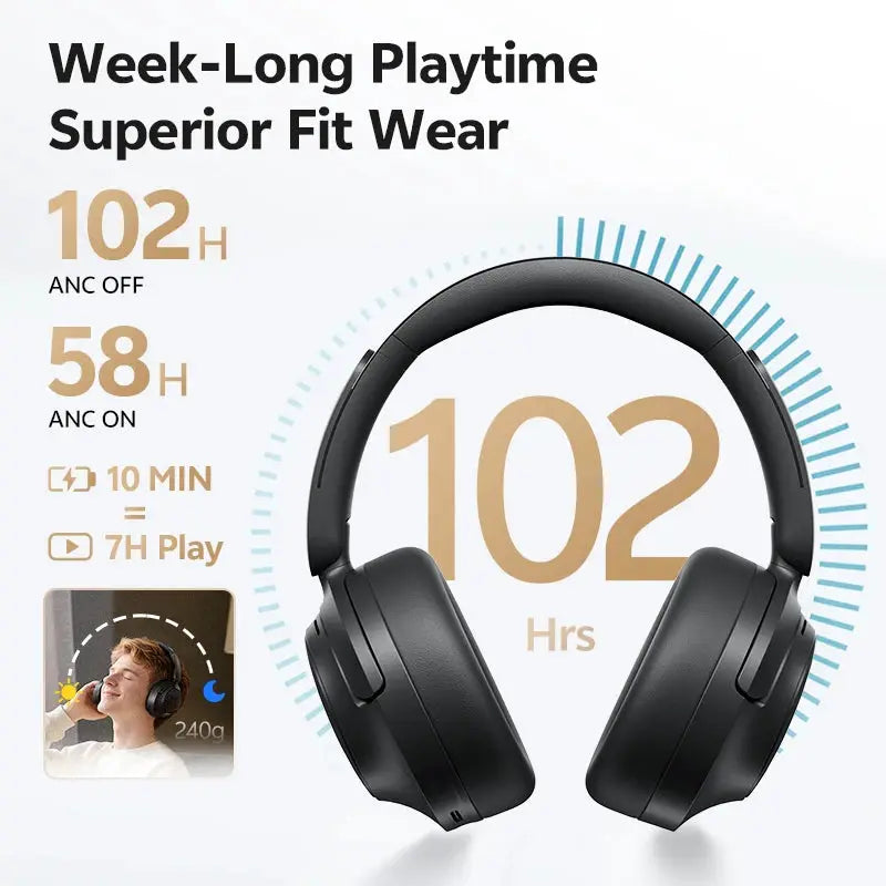 QCY H3S over-ear wireless headphones in black with 102h playback and ANC on/off