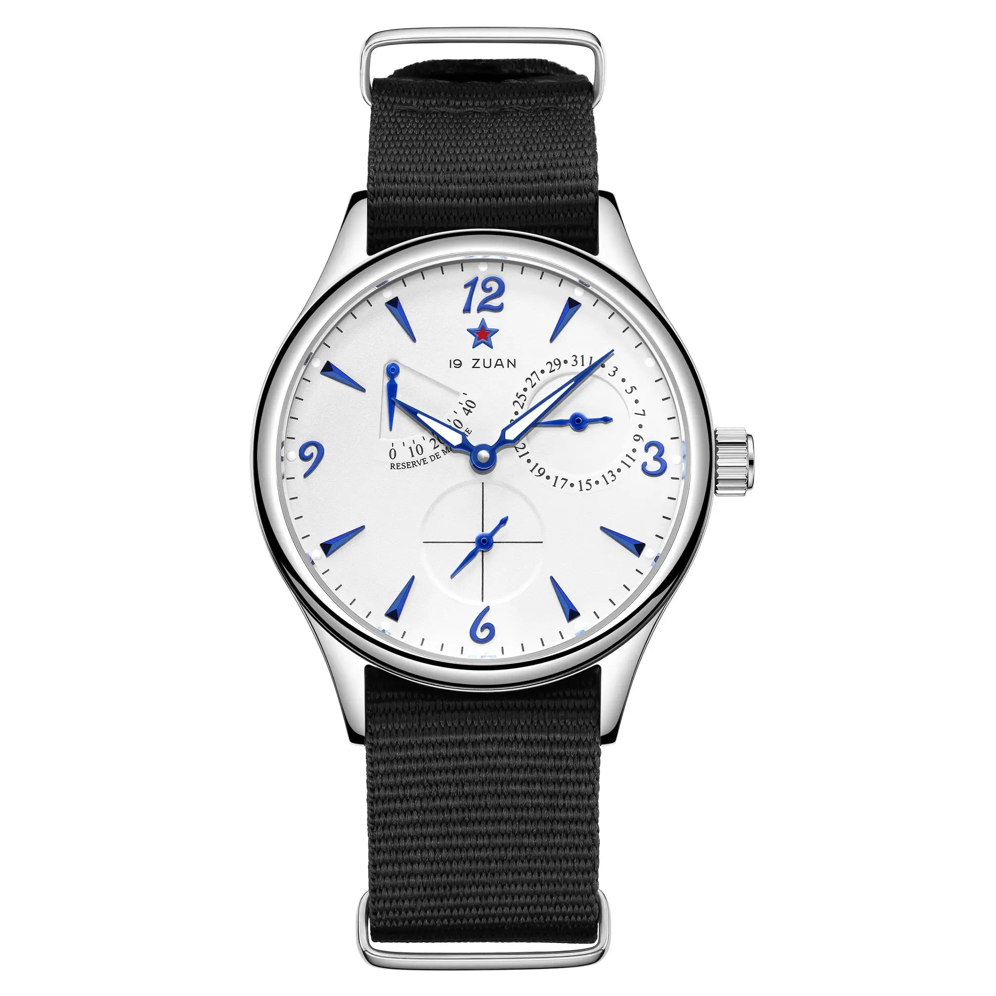 Men's 40mm pilot-style automatic watch with white dial, blue hands, and black nylon strap.