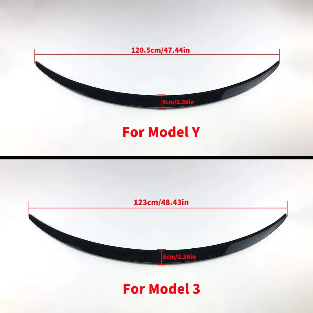 Rear trunk spoiler wing by Simples Market for Tesla Model Y (120.5 cm) and Model 3 (123 cm); black, 6 cm tall.