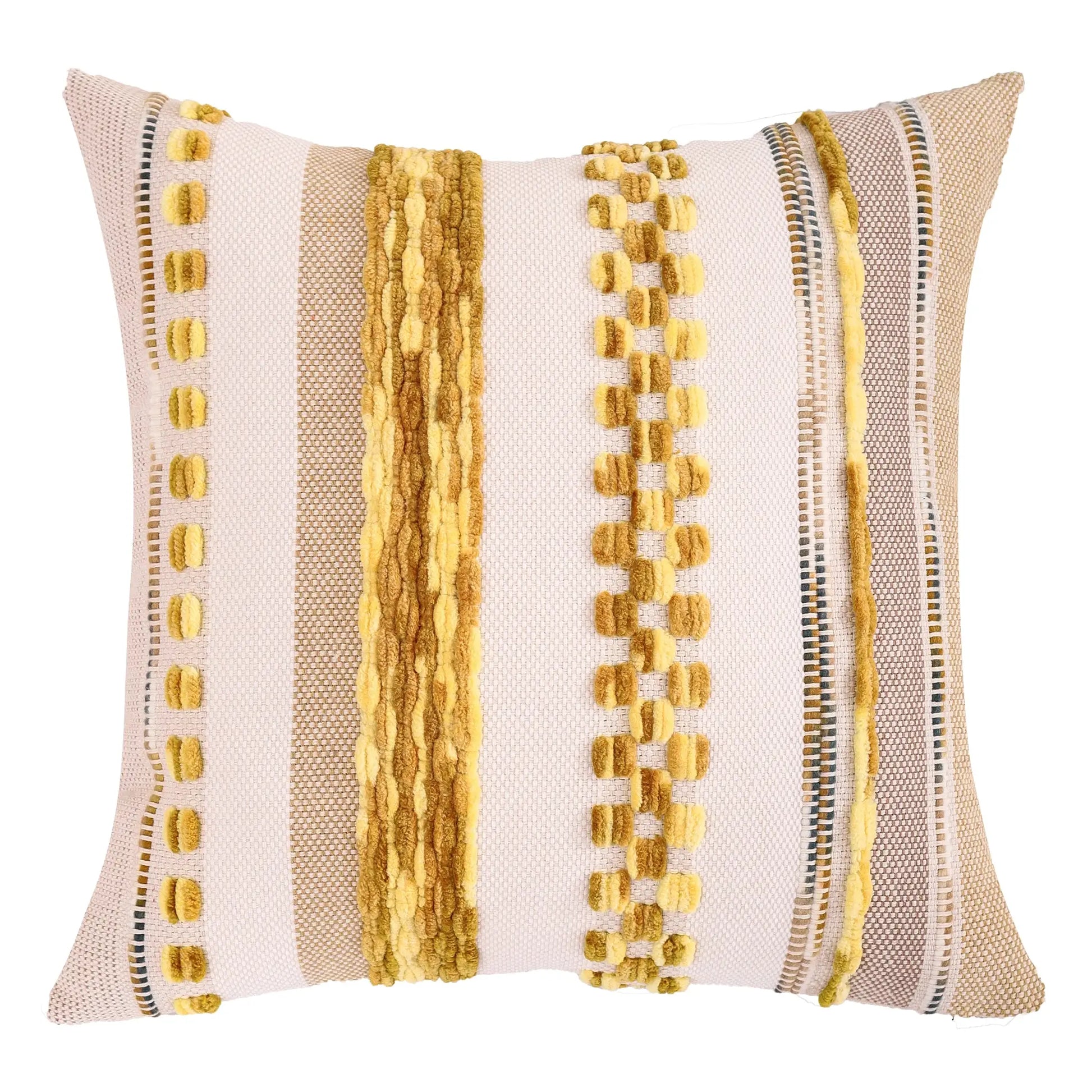 1pc Boho striped chenille pillow cover 18x18, beige with yellow tassel fringe