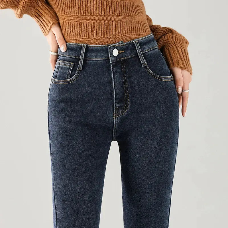 Women Thermal Jeans Fleece Lined Warm Stretch Slim Fit Pants Korean