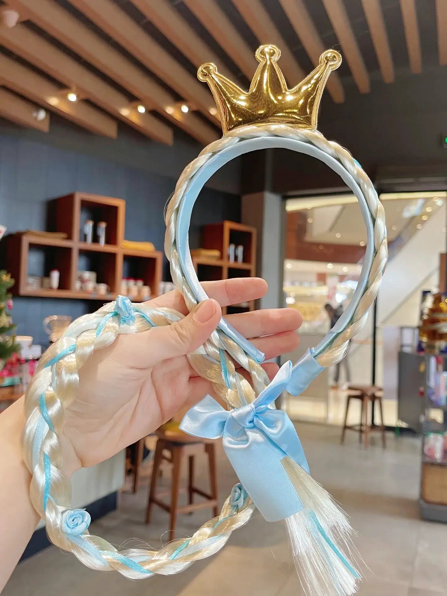 Elsa princess crown headband for girls; braided pale blue band with gold crown and blue bow