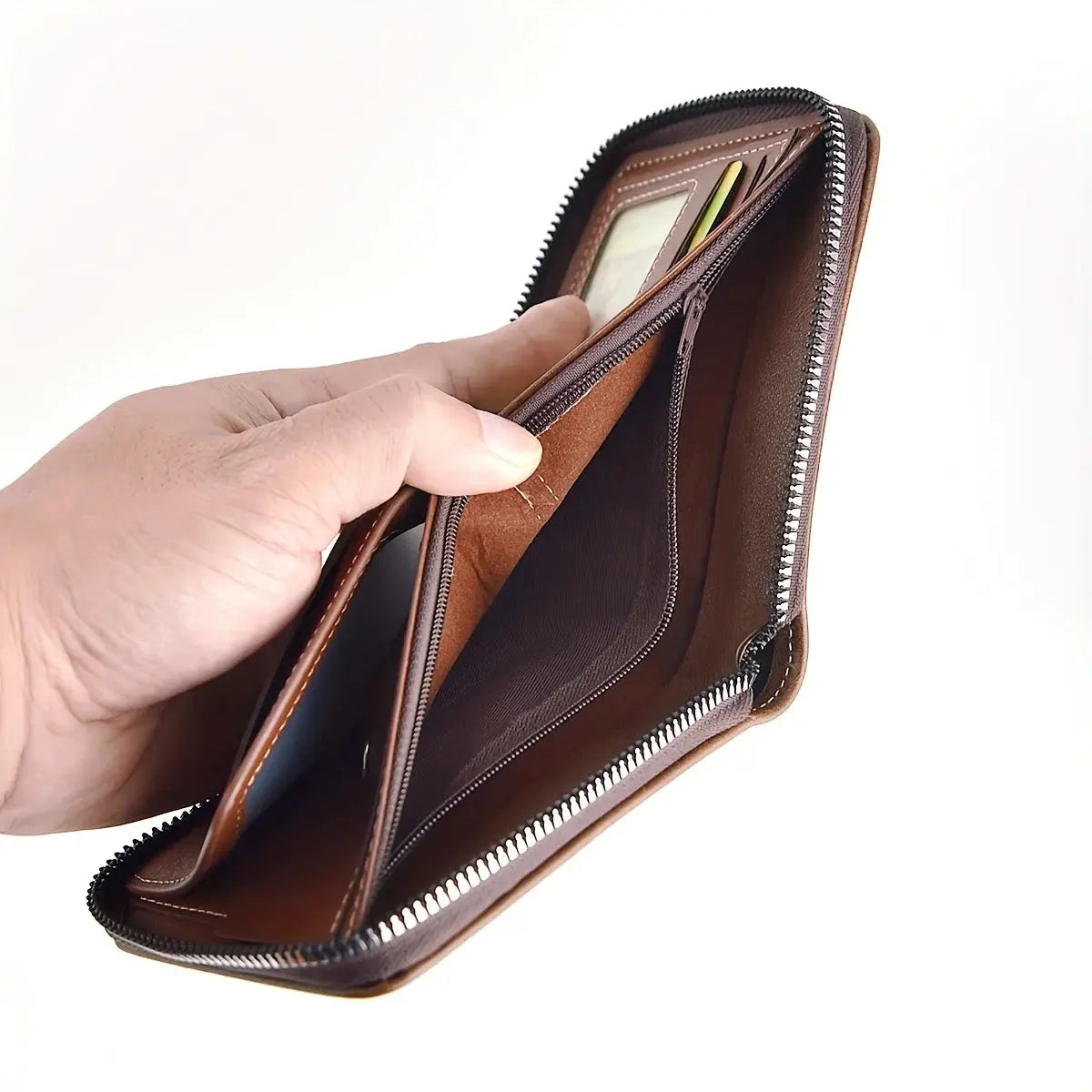 Men's zip-around wallet in brown PU wax oil skin with card slots and coin pocket, shown open.