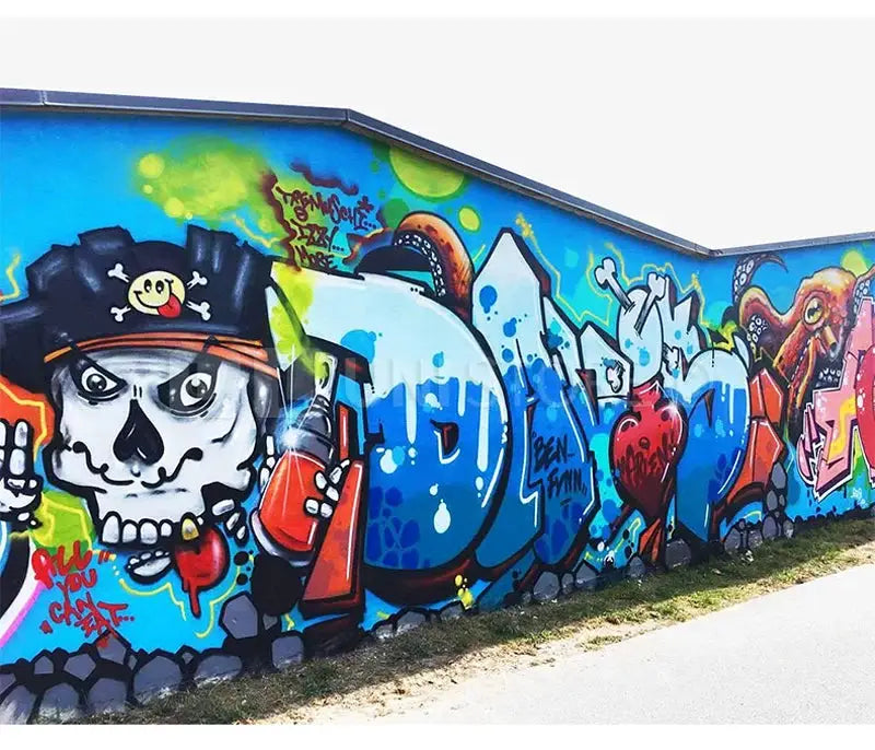 Colorful graffiti mural on a wall with a skull motif and bold blue, red, and yellow artwork.