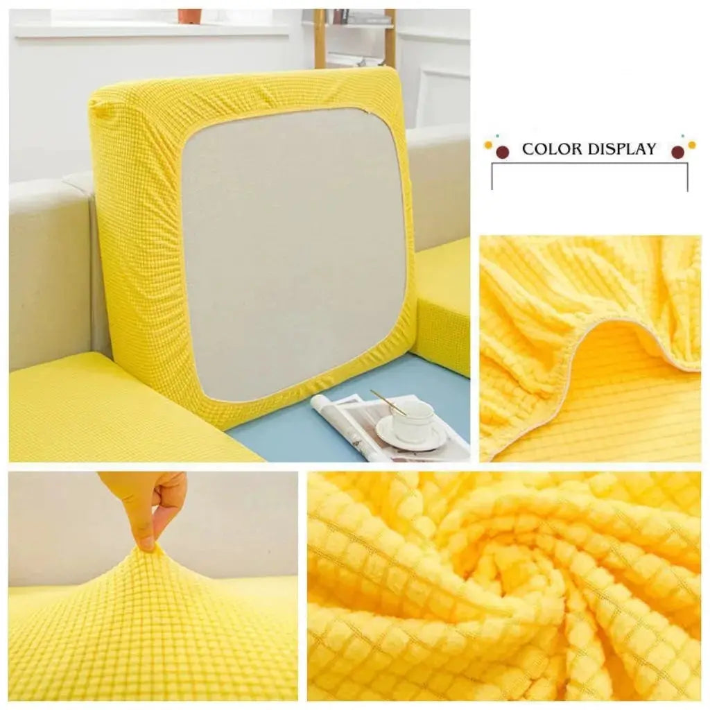 Elastic sofa cover in bright yellow for living room; thickened, solid color, waffle-textured fabric, removable slipcover