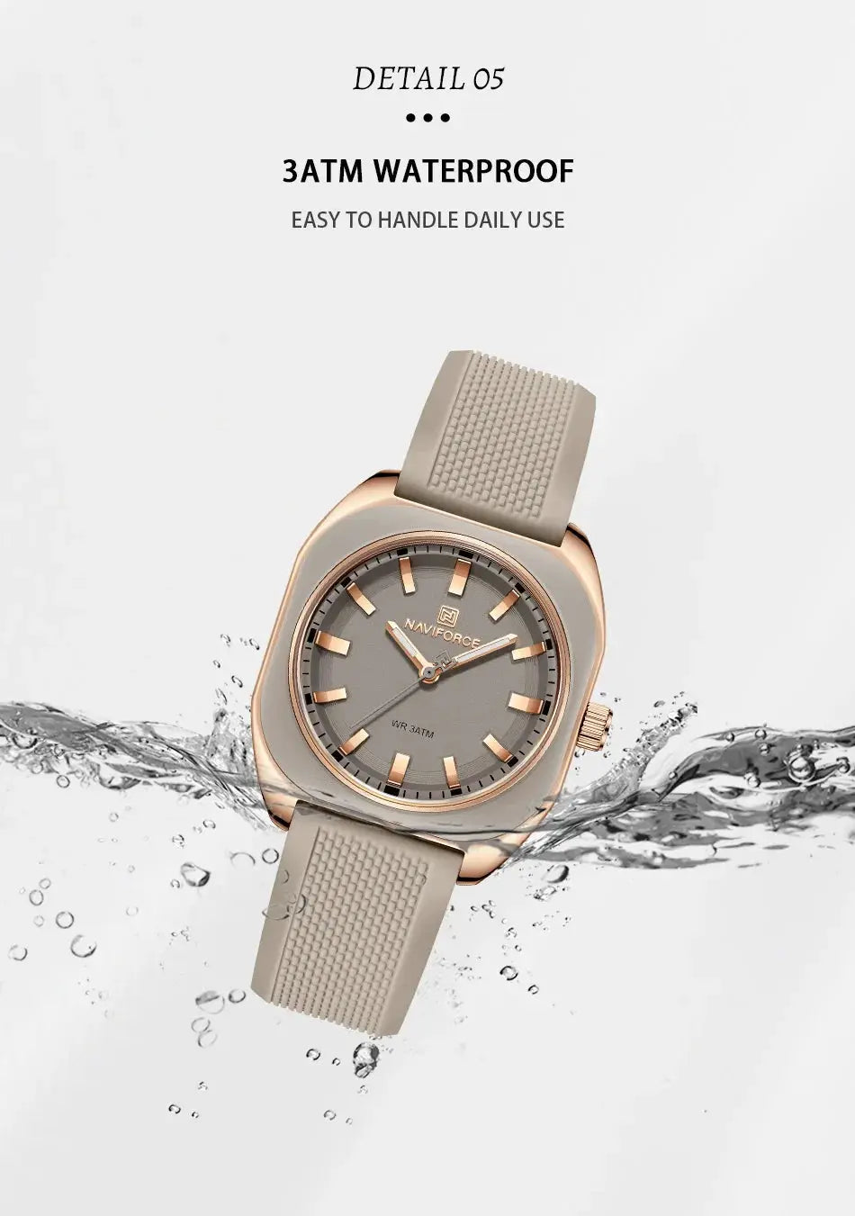 NAVIFORCE women's fashion watch with rose-gold case and beige silicone strap.