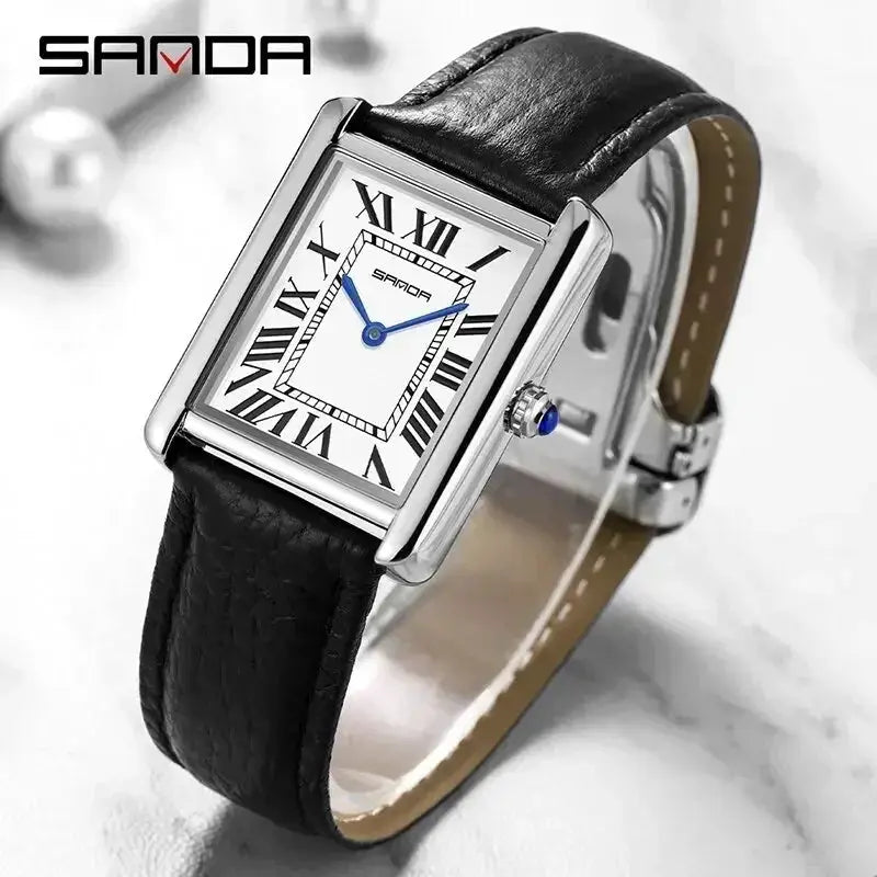 SANDA 9031/1108 quartz watch for men & women with blue hands, Roman numerals, and black leather strap