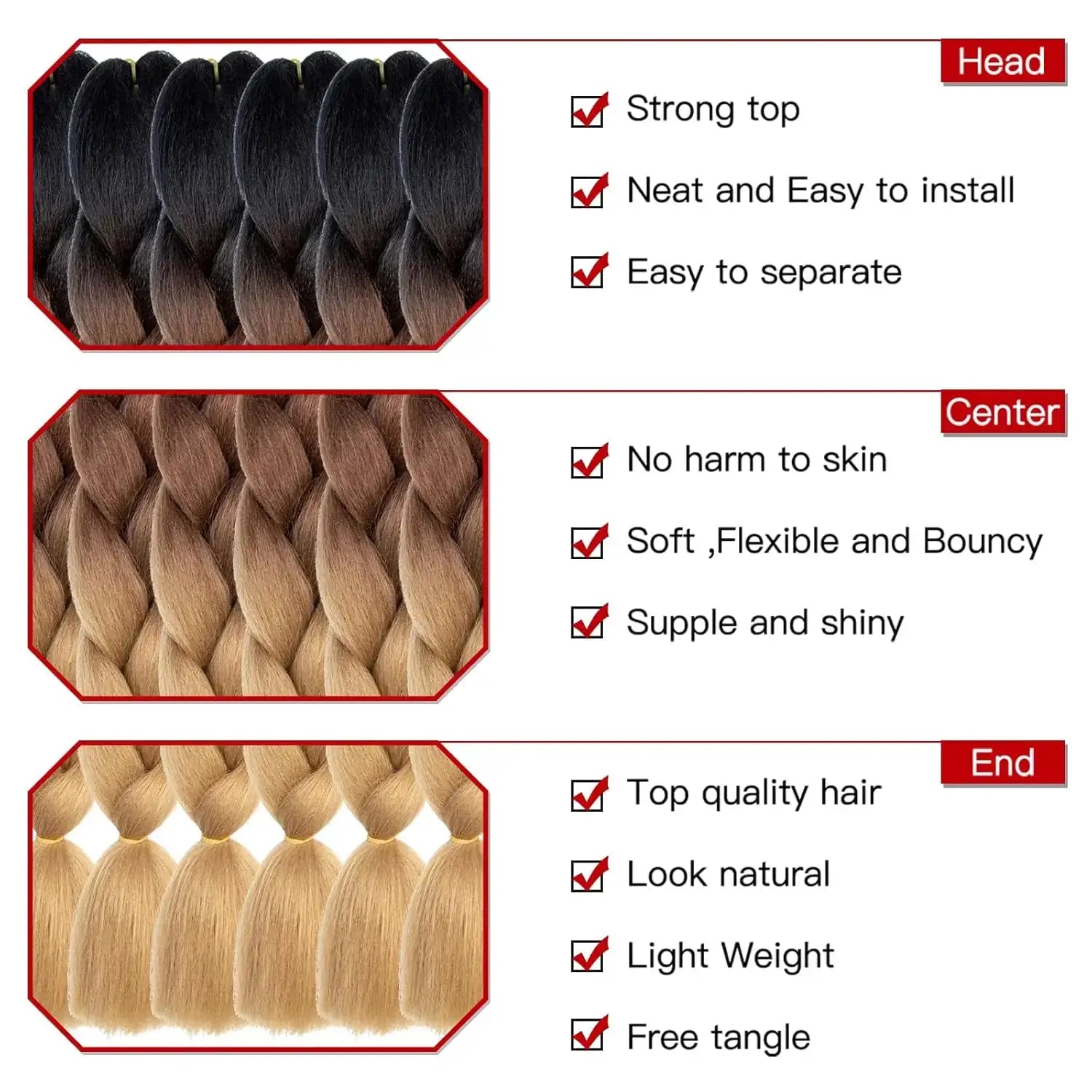 Simples Market 24-inch jumbo braid extensions, synthetic Kanekalon, ombre black to brown (3-pack)