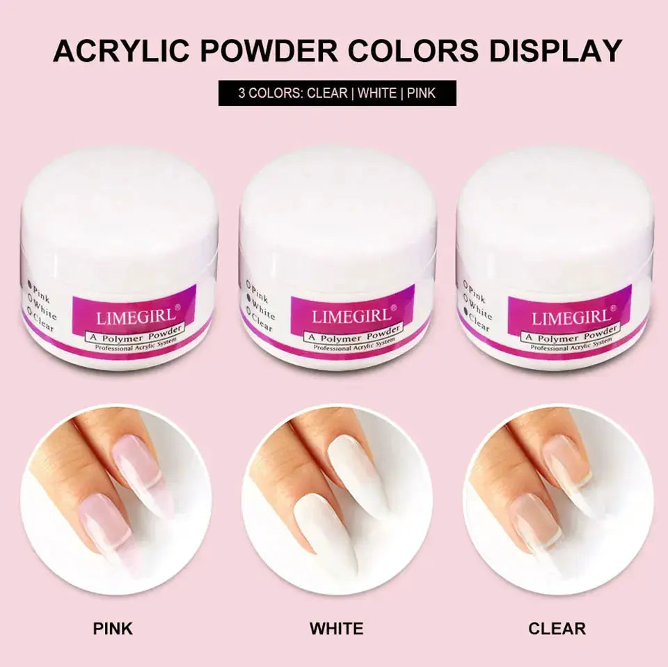Simples Market Limegirl acrylic powder kit with three jars in pink, white and clear for manicure.