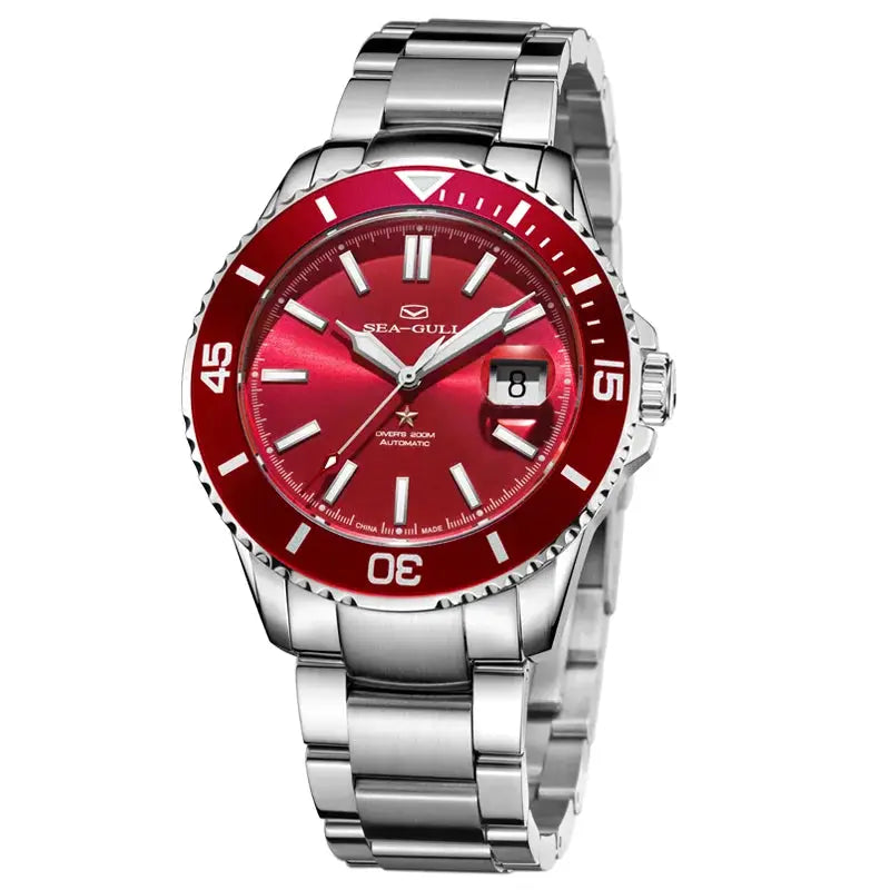 Sea-Gull men's diver watch with red dial and bezel, stainless steel bracelet, 200m water resistant, automatic movement