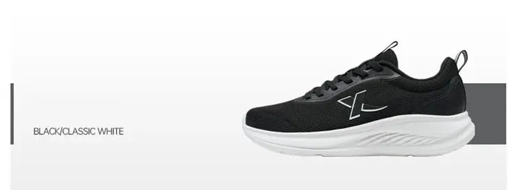 Simples Market Xtep men's running shoe, black breathable mesh with white sole, lightweight shock-absorbing sports footwear.
