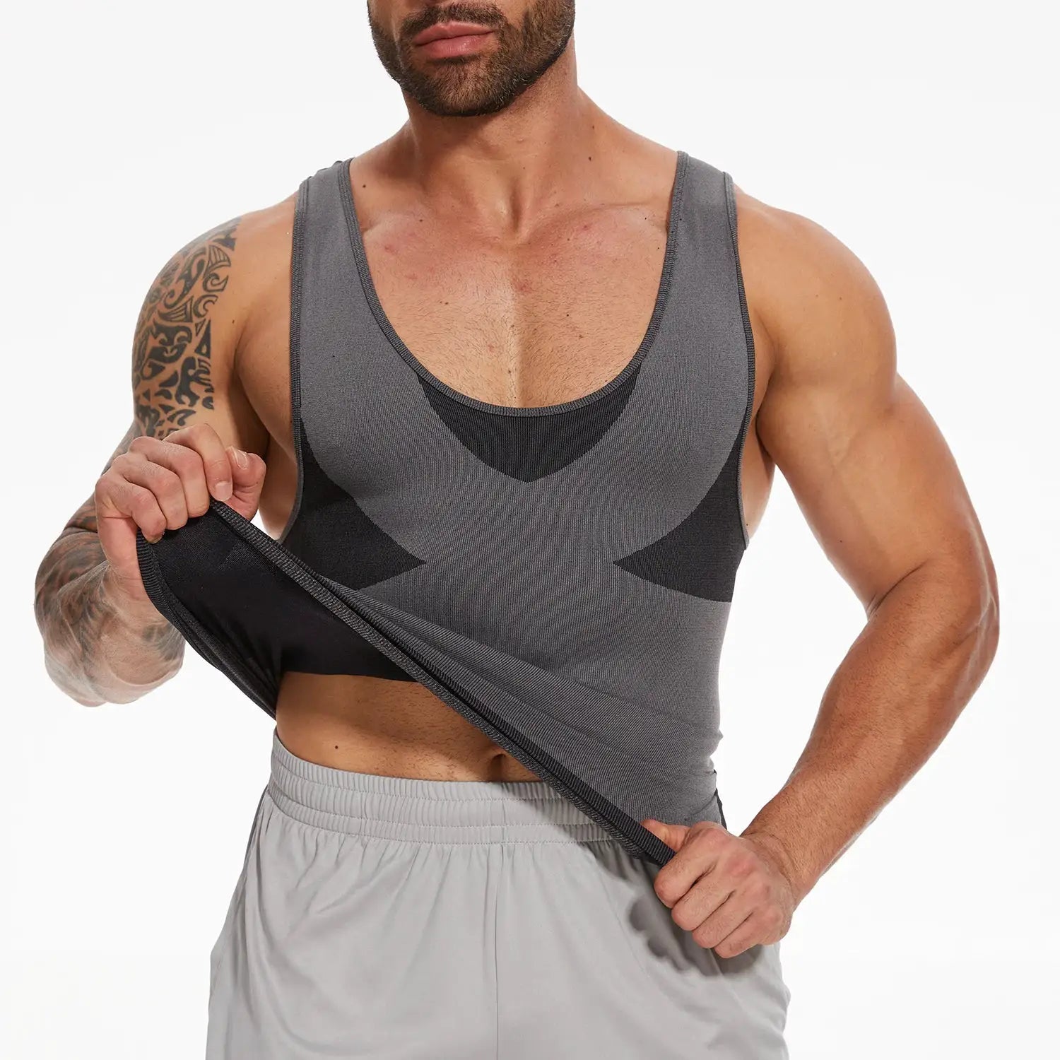 Men's gray compression tank top with cross-elastic panels for tummy control