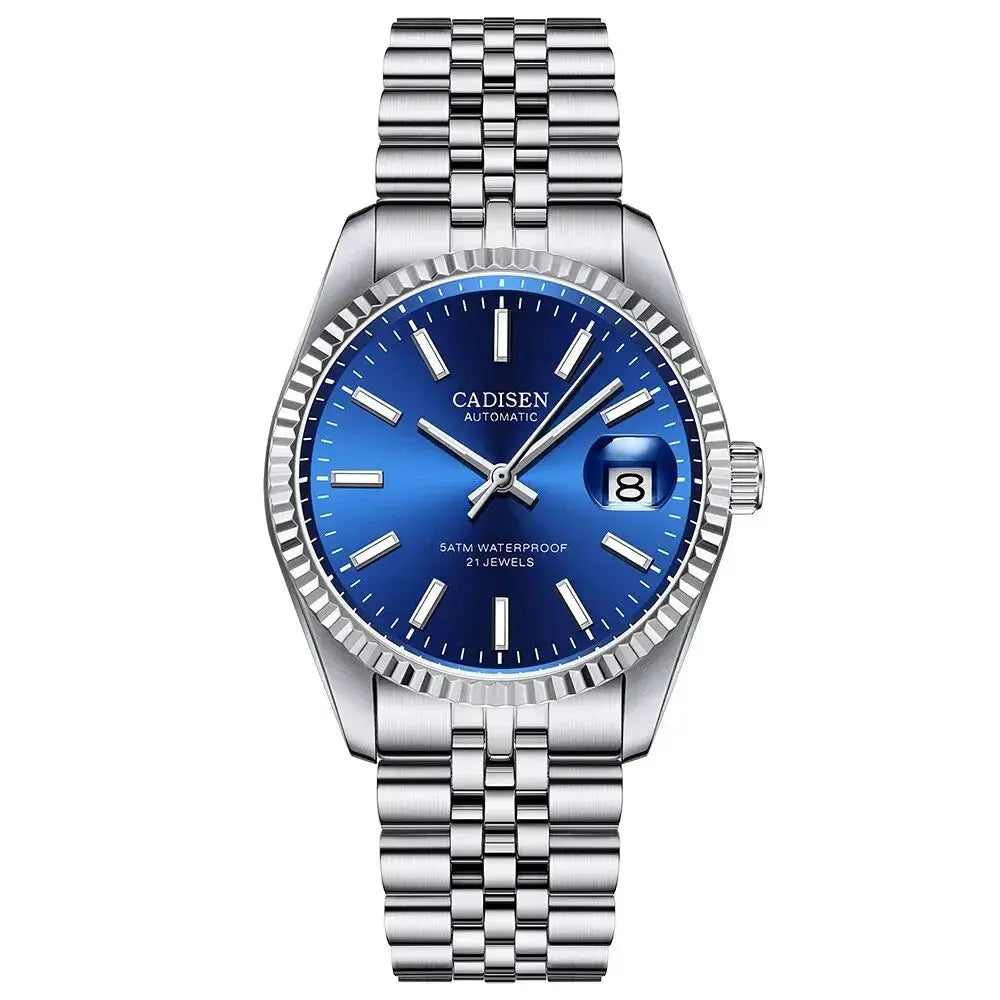 CADISEN men's stainless steel automatic watch with blue dial, date window, and 5ATM water resistance