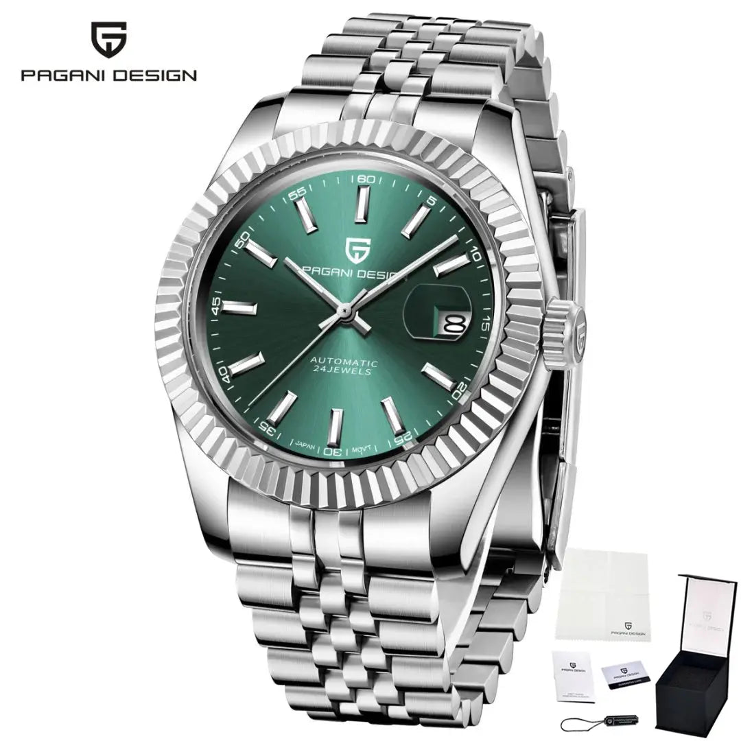 Pagani Design men's automatic wristwatch with green dial and stainless steel Jubilee bracelet; includes box and papers