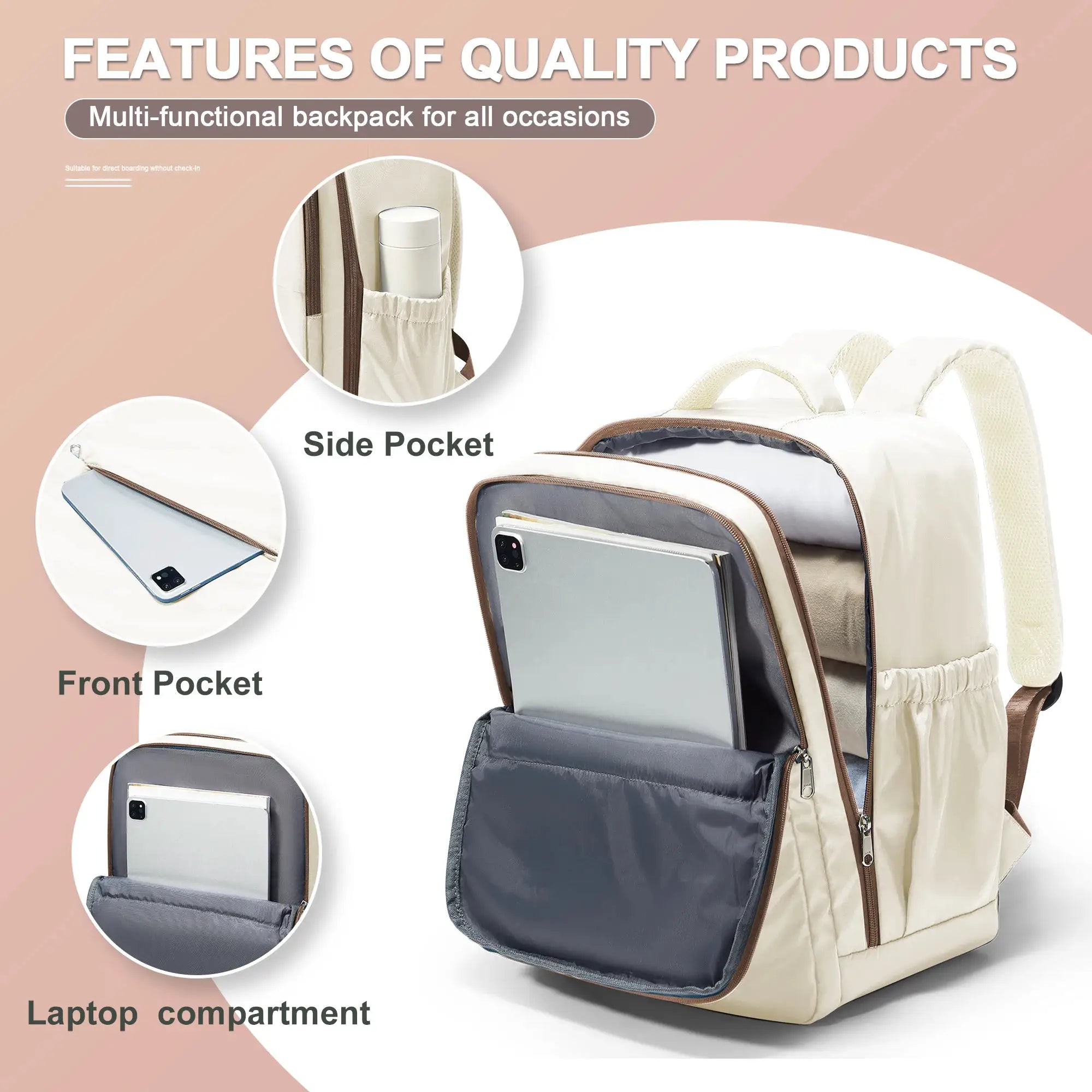 Cabin travel backpack beige 40x30x20 with laptop sleeve and multiple pockets by Simples Market