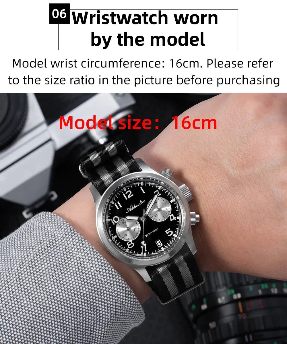 Addiesdive men's chronograph wristwatch; stainless steel case, black dial with silver subdials, striped NATO strap