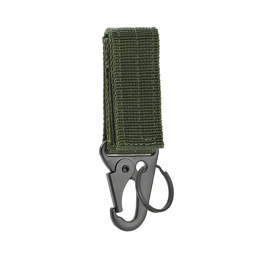 Carabiner key hook with high-strength green nylon MOLLE strap and gray metal clip