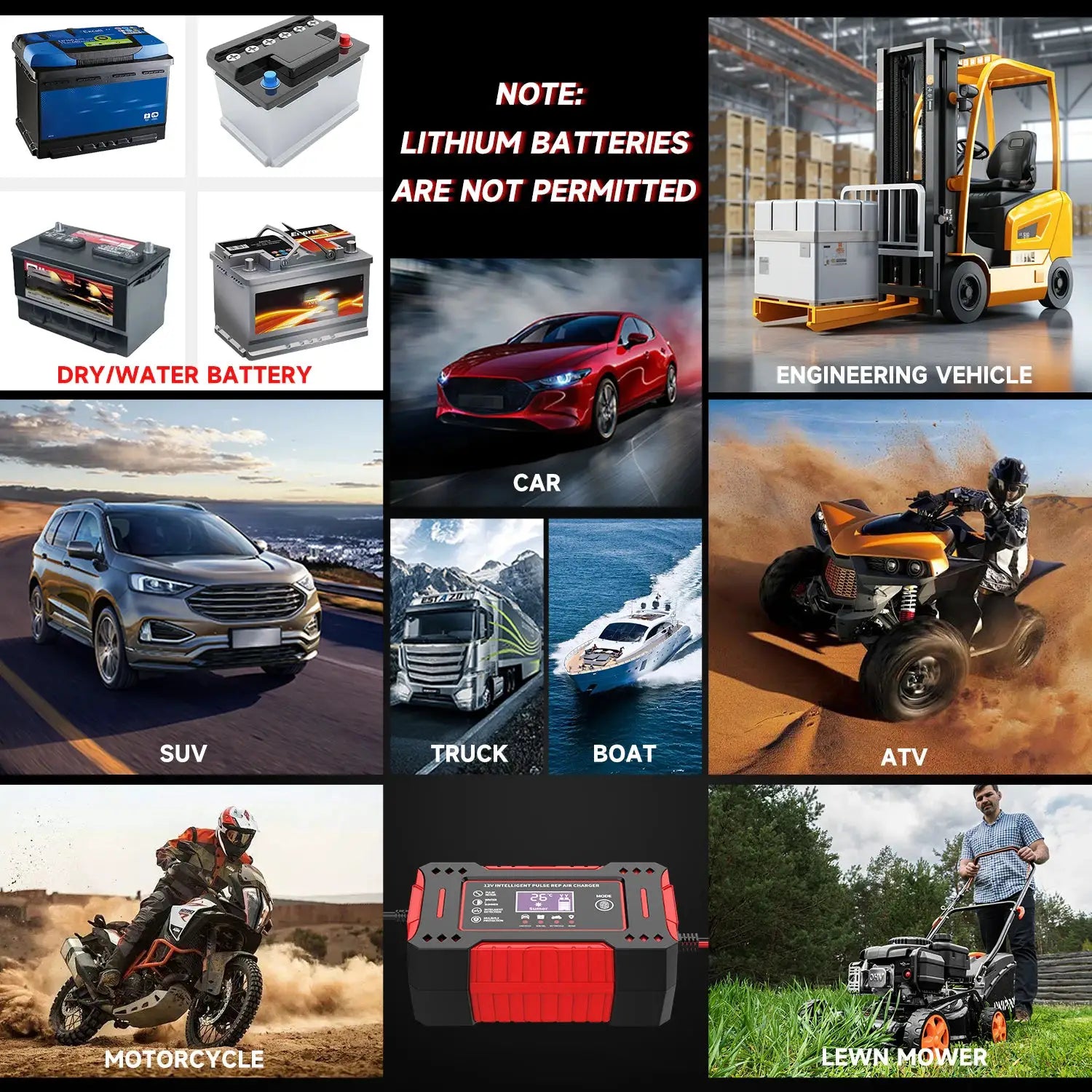 Simples Market 6A 12V LCD car and motorcycle battery charger for lead-acid batteries
