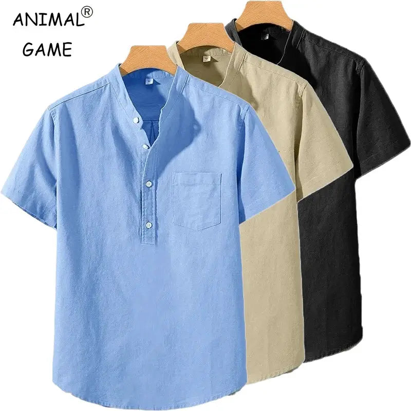 Mens Short Sleeve T Shirt Solid Color Stand Up Collar Breathable Cotton Top With Pocket For Summer Trendy