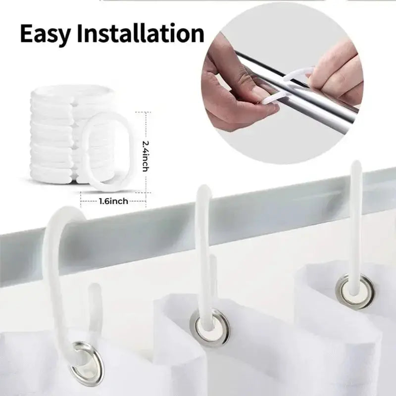 White plastic shower curtain hooks on a rod; four-piece set for bathroom curtains