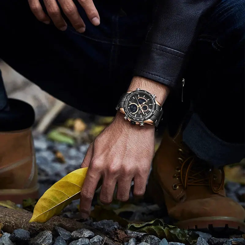 NAVIFORCE men's chronograph wristwatch with black dial and stainless steel band