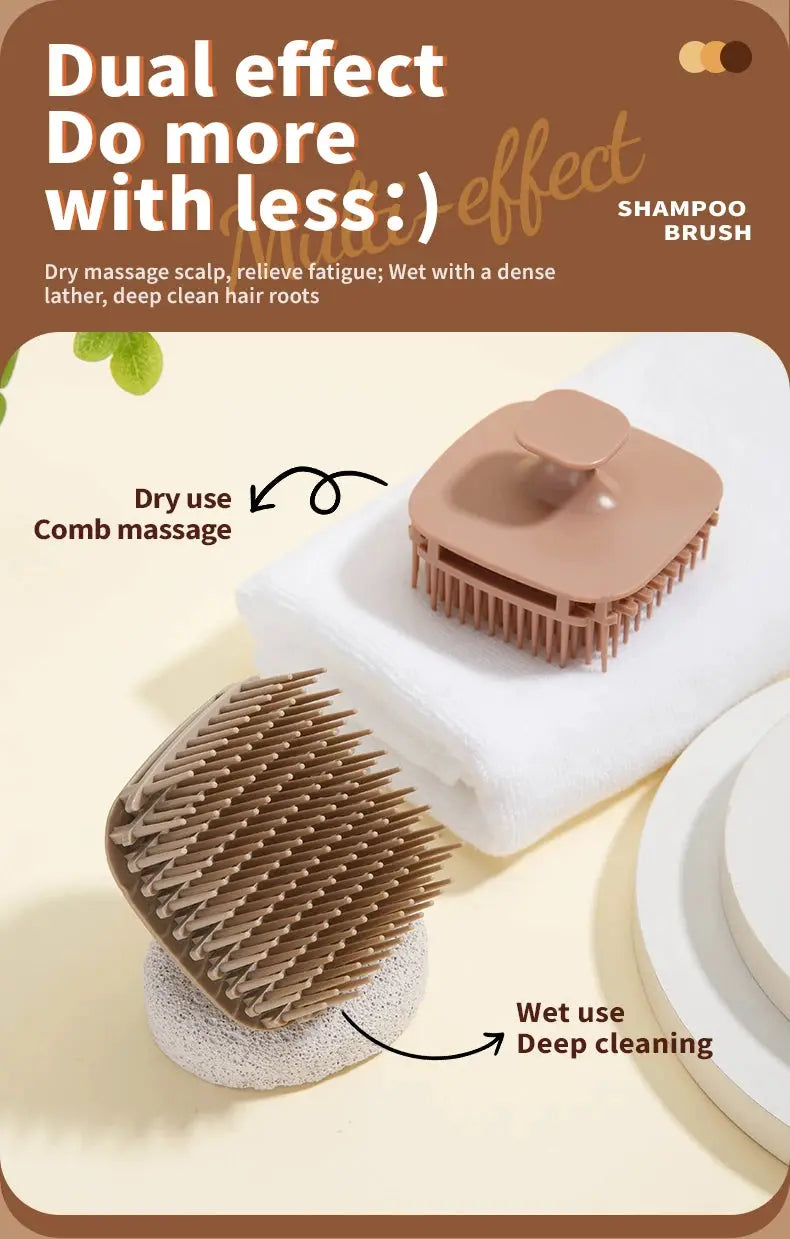 2-piece silicone shampoo brush set in tan for scalp massage and deep cleaning; Simples Market