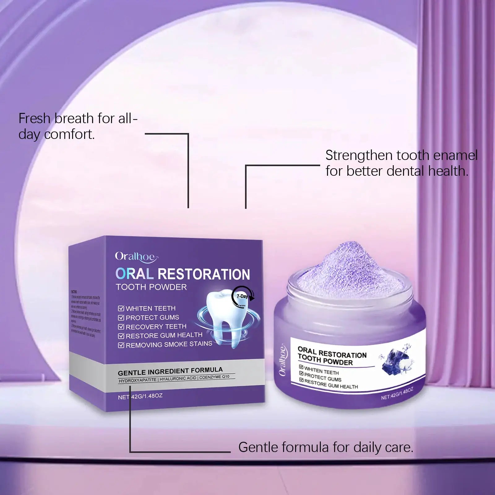 Oral Restoration Tooth Powder box and jar with purple packaging; gentle formula for daily care