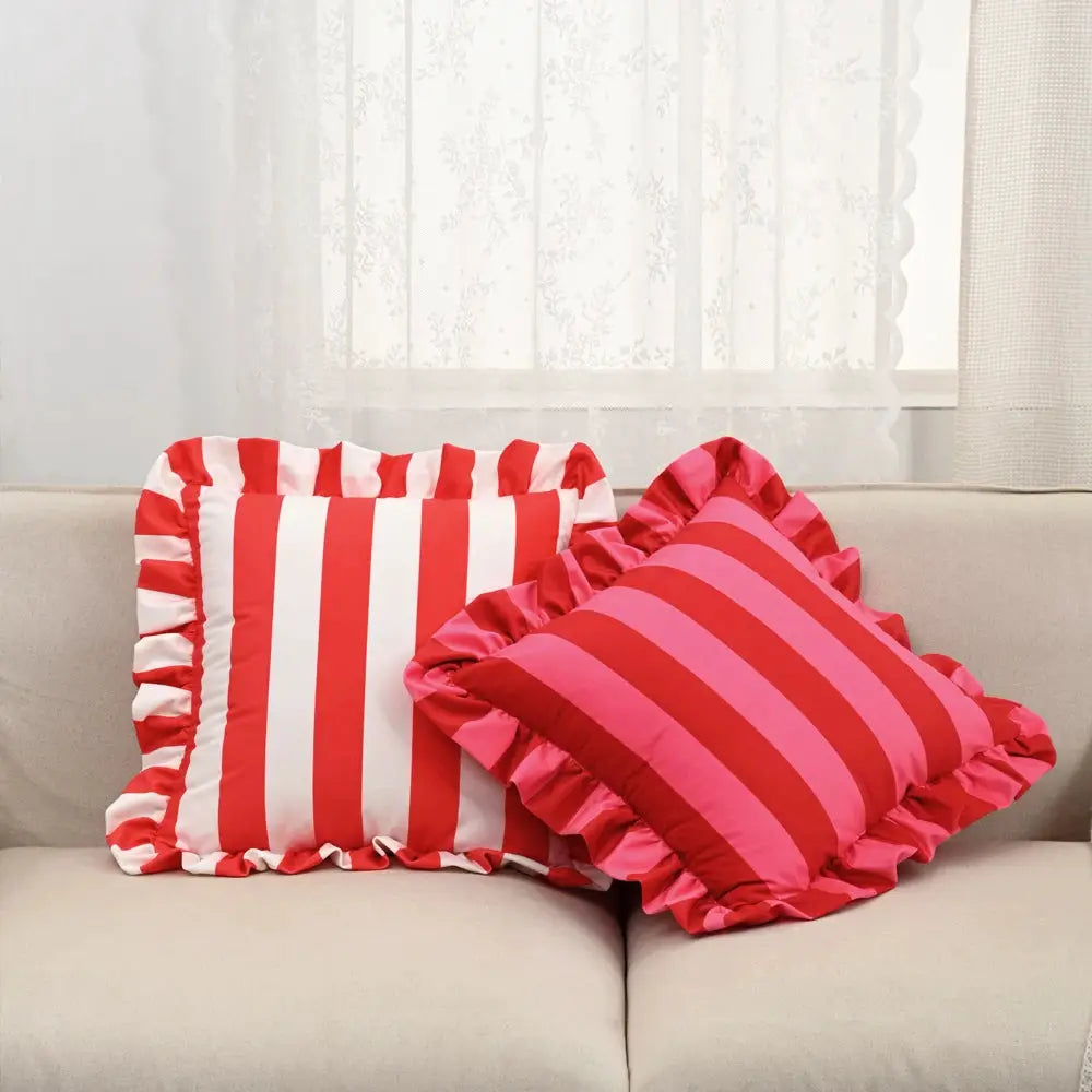 2 striped velvet pillowcases with ruffled edges in red-white and pink stripes, 18x18 inches