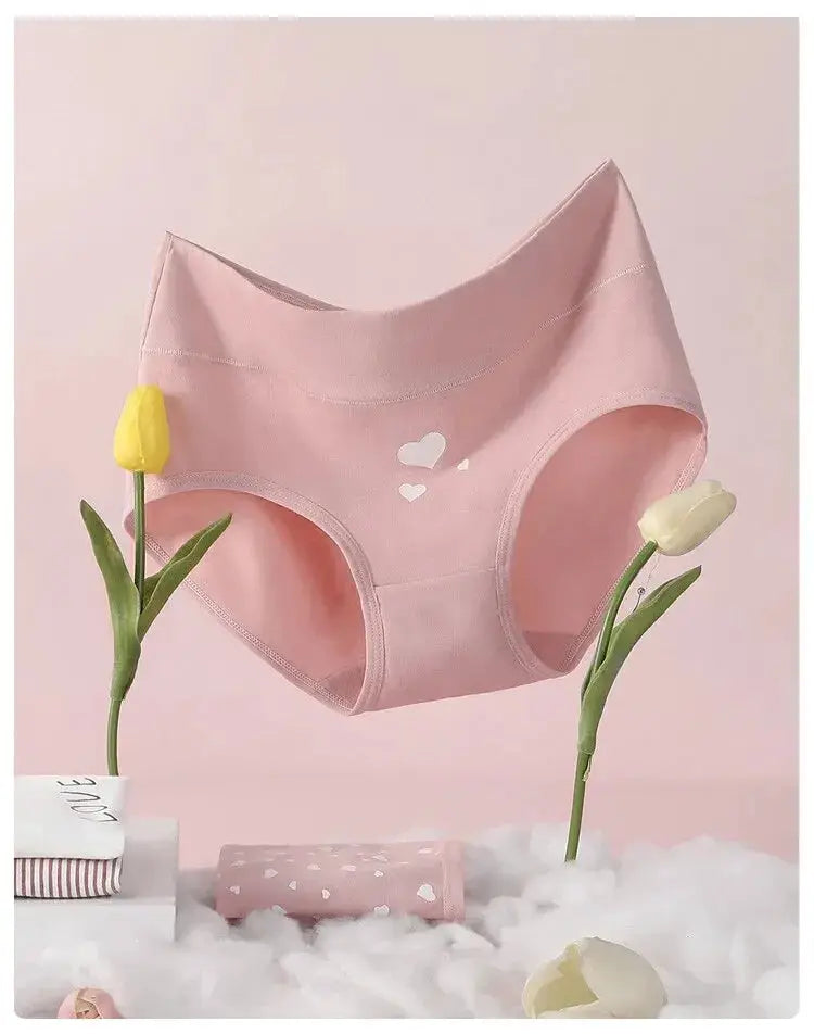 Panties for women: pink high-waist cotton with white heart print
