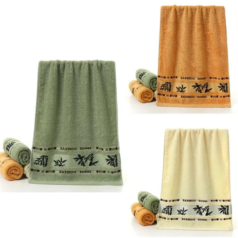 Simples Market bamboo fiber towel set, 2 towels with washcloths, available in green, orange, or beige.
