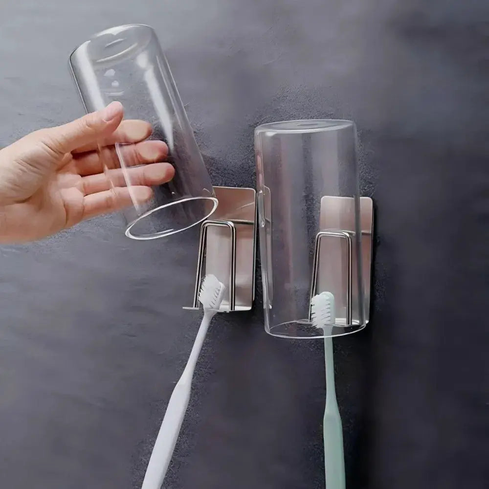 Stainless Steel Wall Mounted Toothbrush And Wash Cup Holder Perforation Free Bathroom Shelf Storage Rack Two In One