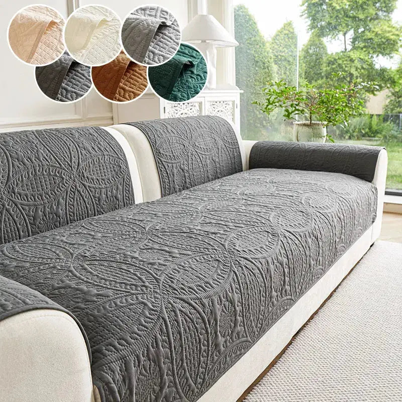 Simples Market sofa cushion cover, dark gray quilted circular pattern with anti-slip backing on a cream sofa