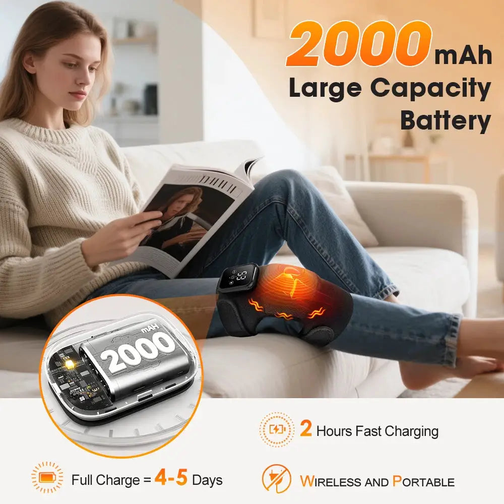 Knee massage pad (black/orange) with heating and vibration, 3-level hot compress, wireless 2000mAh battery