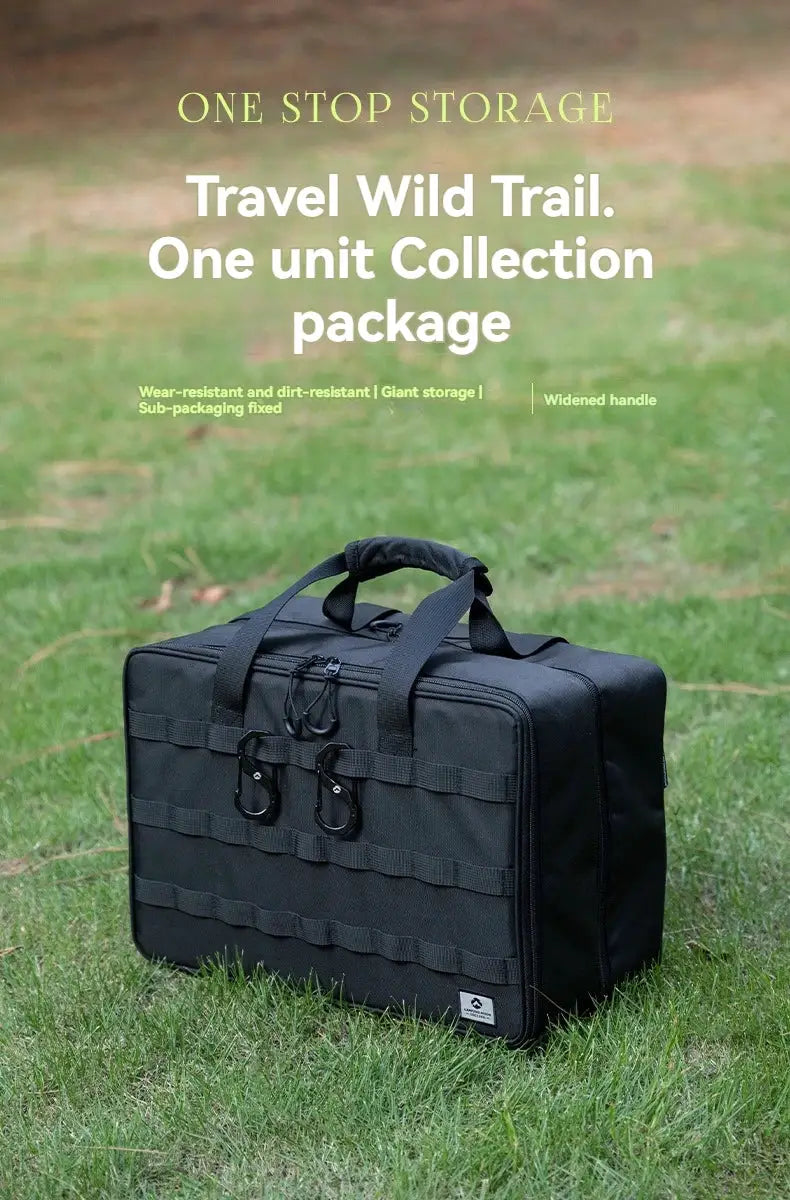 CAMPINGMOON BK-46 large capacity black storage bag with front MOLLE straps, by Simples Market, on grass.