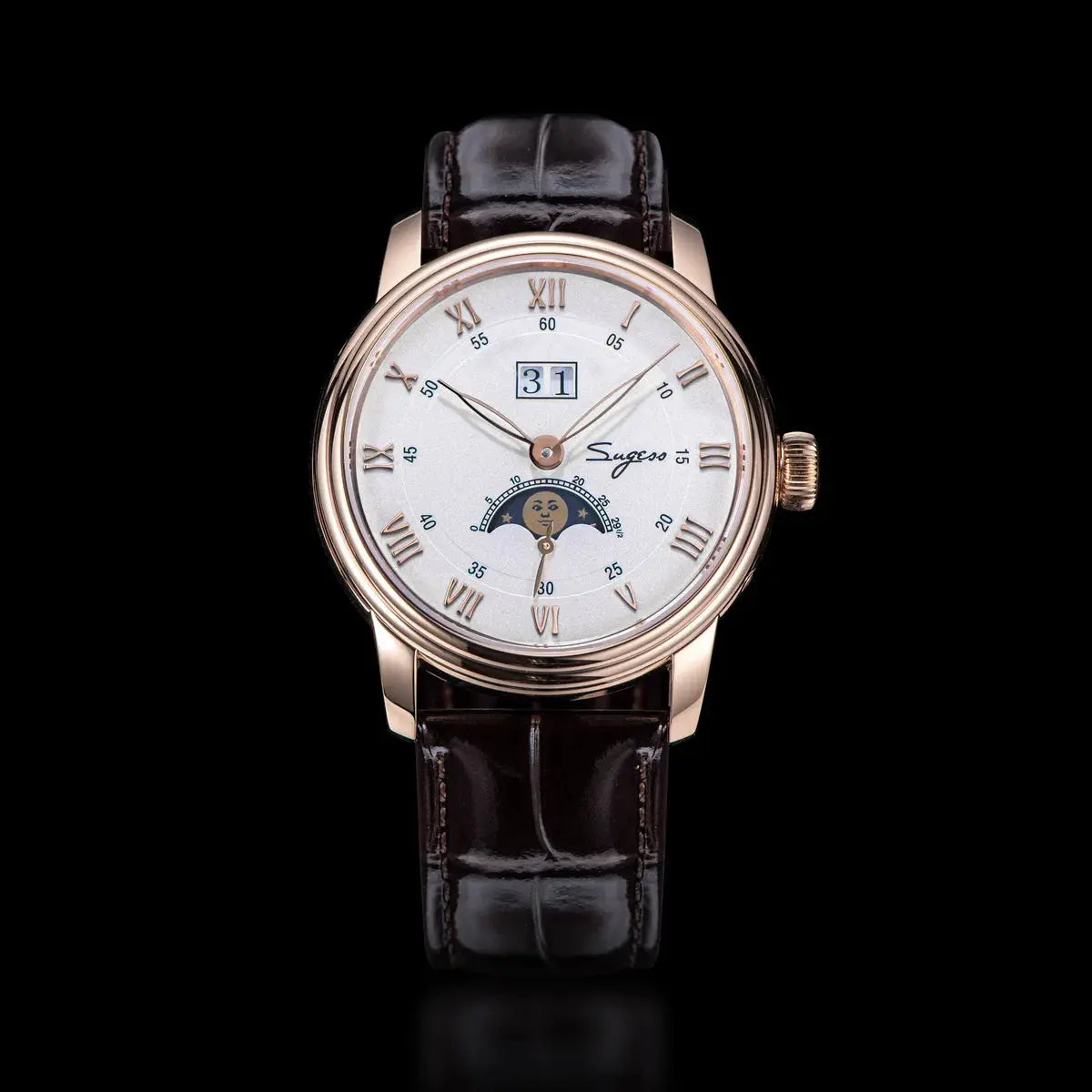 Sugess men's 40mm moonphase watch, rose-gold case, white dial with Roman numerals, date window, brown leather strap
