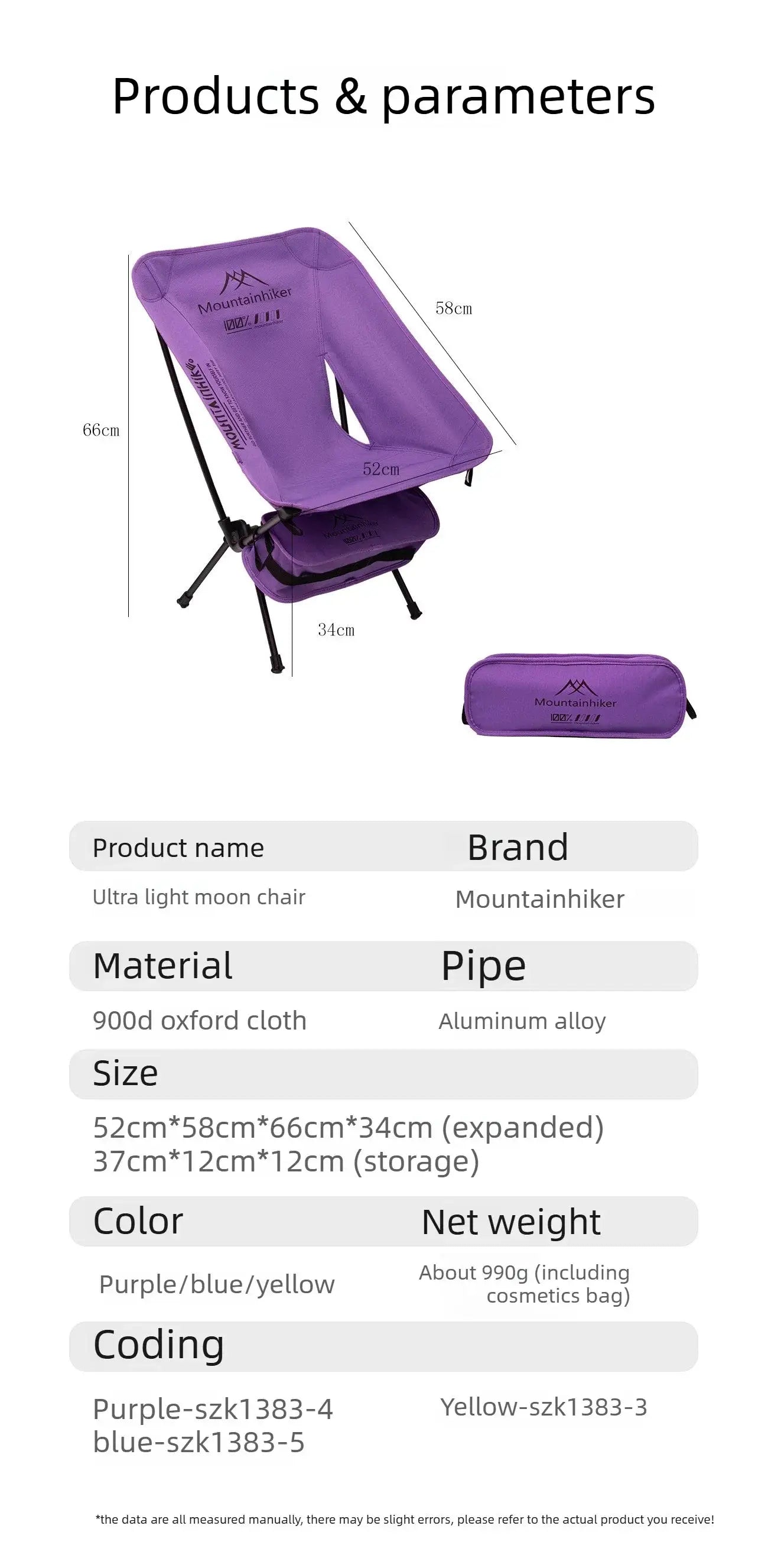 Purple foldable camping chair and carrying bag; Mountainhiker brand, aluminum alloy frame