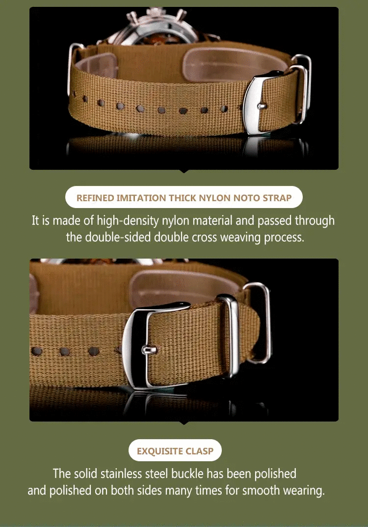 Red Star 38mm pilot watch with tan nylon NATO strap and polished stainless steel buckle