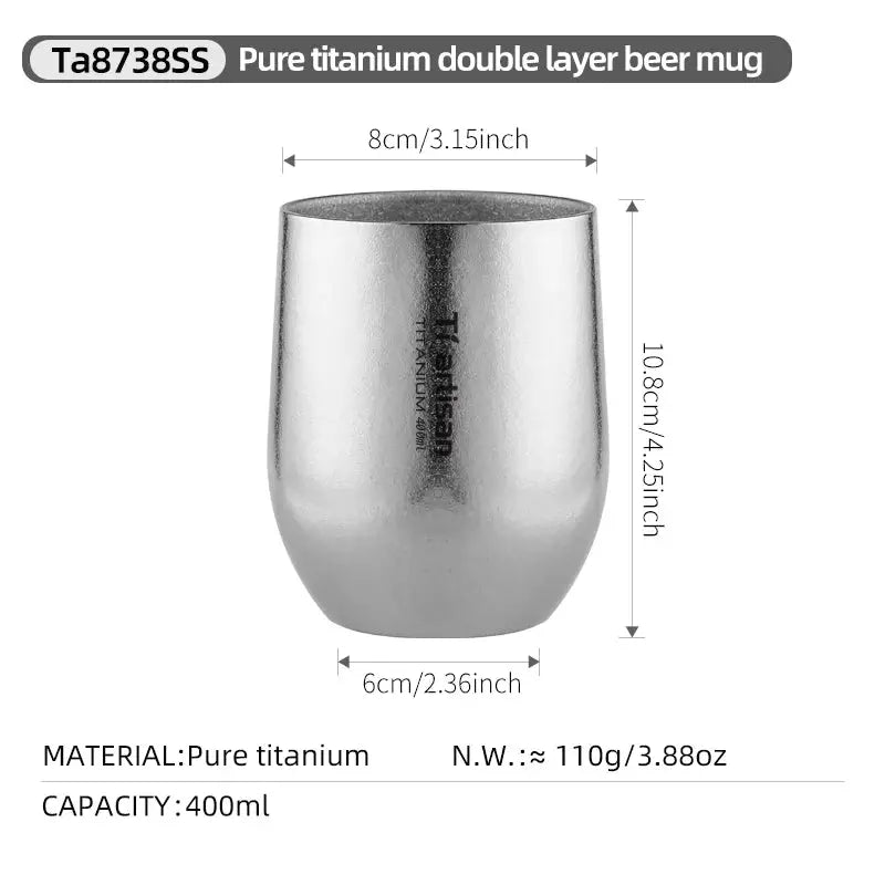 Tiartisan pure titanium double-wall beer mug by Simples Market, 400ml camping cup in metallic silver